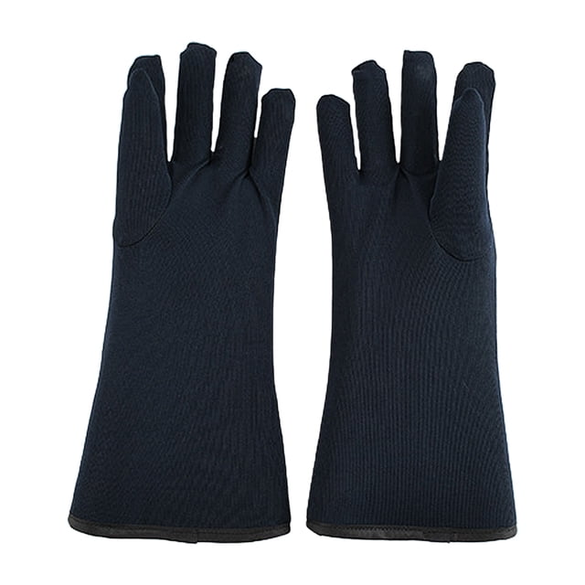 guantes de plomo con protección contra la radiación, guantes de seguridad con protección contra rayos x, guantes de plomo, peso ligero, equivalencia — par de guantes radiológicos azul marino, vista frontal centrada, largo hasta la muñeca con puño recto; tejido acanalado de fibra compuesta y palma con refuerzo liso visibles. Diseñados para procedimientos médicos y radiográficos, talla única y peso ligero. A menudo usados también para manipulación en salas de imagenología por su ajuste universal.