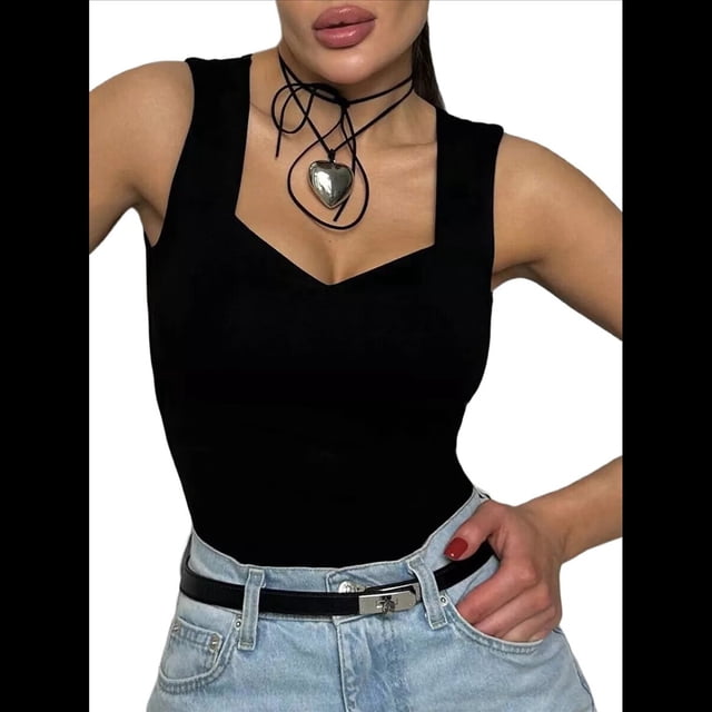Camisetas Sin Mangas con Cuello en V para Mujer, Camisetas Básicas, Camisetas Corta, Camisetas y Verano, Camisetas Informales Ajustadas Acanaladas, Negras, XL