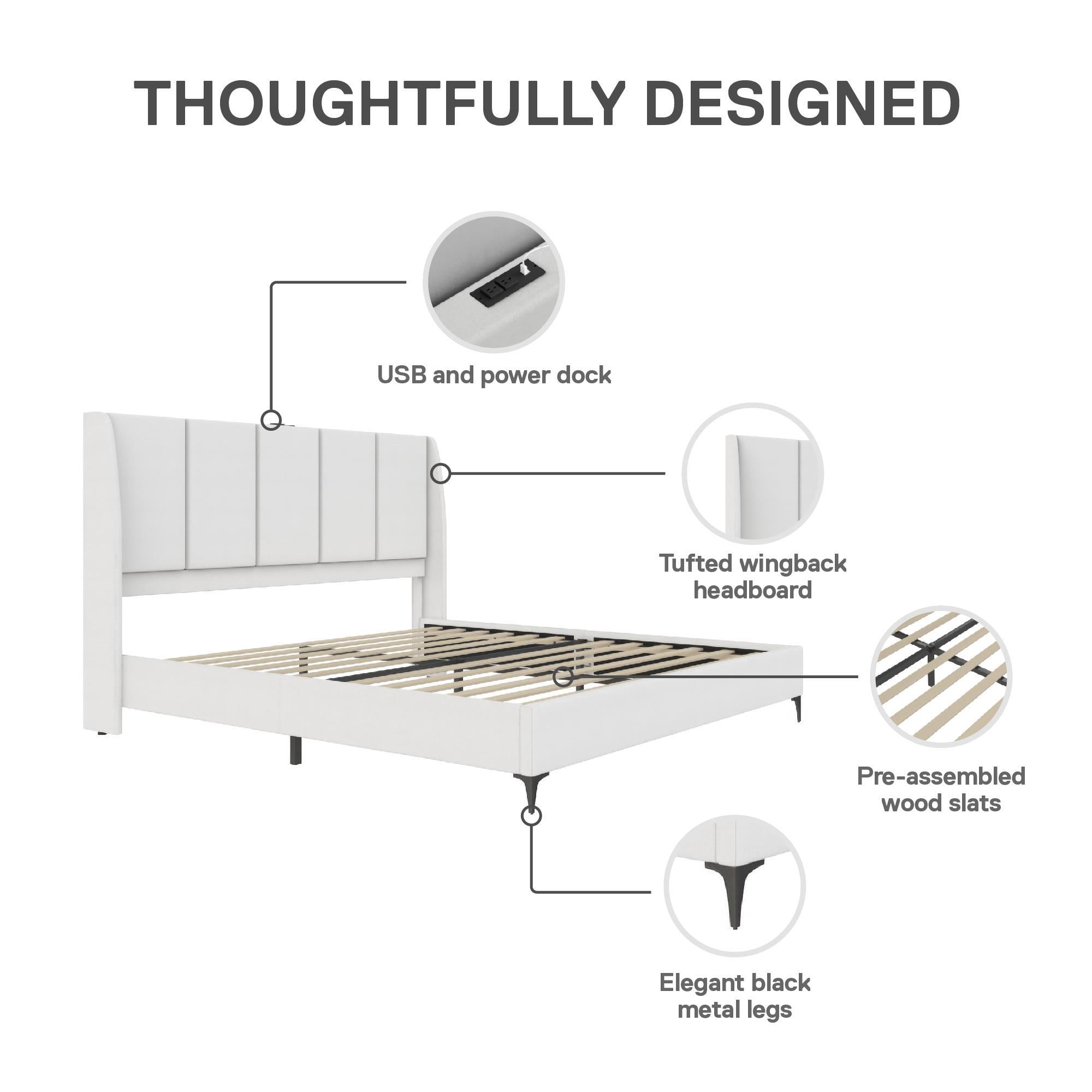 DHP Lamora Upholstered Wingback Bed Frame with USB, King, Light Gray Linen