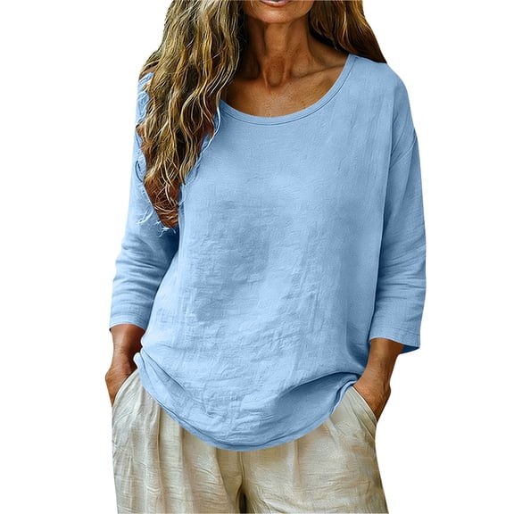 CYMMPU Women's Summer Casual 3/4 Sleeve Cotton Linen Loose Top, Lightweight Breathable Long Sleeve Summer Blouse Blue S