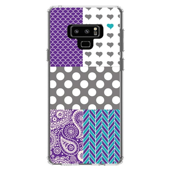 DistinctInk Clear Shockproof Hybrid Case for Samsung Galaxy Note 9 - TPU Bumper, Acrylic Back, Tempered Glass Screen Protector - Purple Teal Grey Patterns