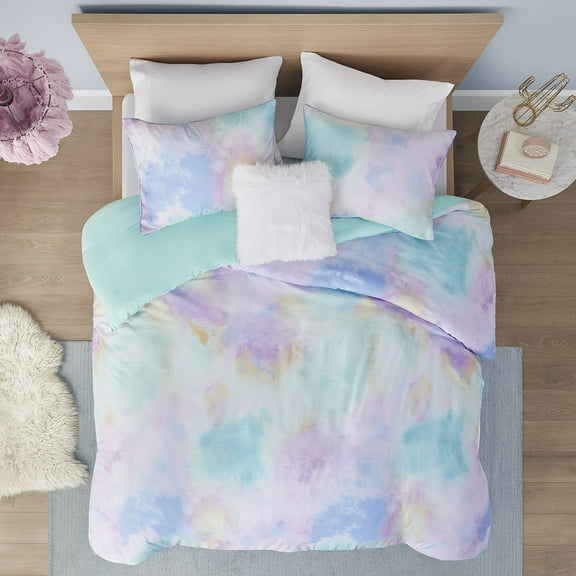 Noaman Twin/Twin XL Watercolor Tie Dye Printed Duvet Cover Set with Throw Pillow, Aqua, 68x90 Inches