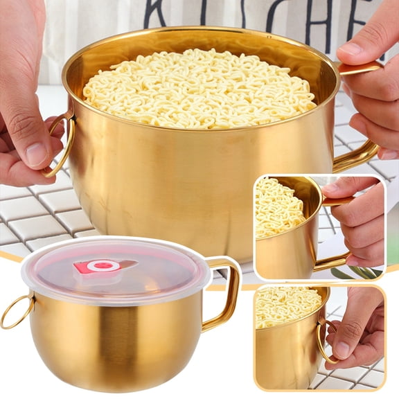 44oz Large Capacity 304 Stainless Steel Korean Instant Noodle Bowl with Lid,Double Wall Insulated Ramen Soup Bowl,1300ml Golden Golden