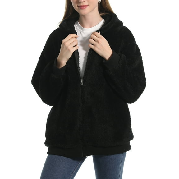 SWSMCLT Women's Fuzzy Jacket Hood Thermal Pocket Fleece Coat Long Sleeve Hoodie Outerwear Cute Full Zip Zipper Black X-Large
