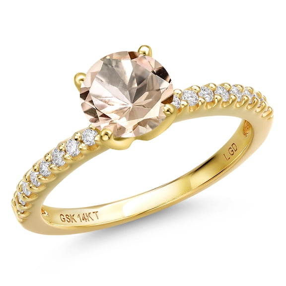 Gem Stone King 14K Yellow Gold Peach Morganite and Lab Grown Diamond Engagement Ring for Women | 1.31 Cttw | Round 7MM | Gemstone October Birthstone | Size 8