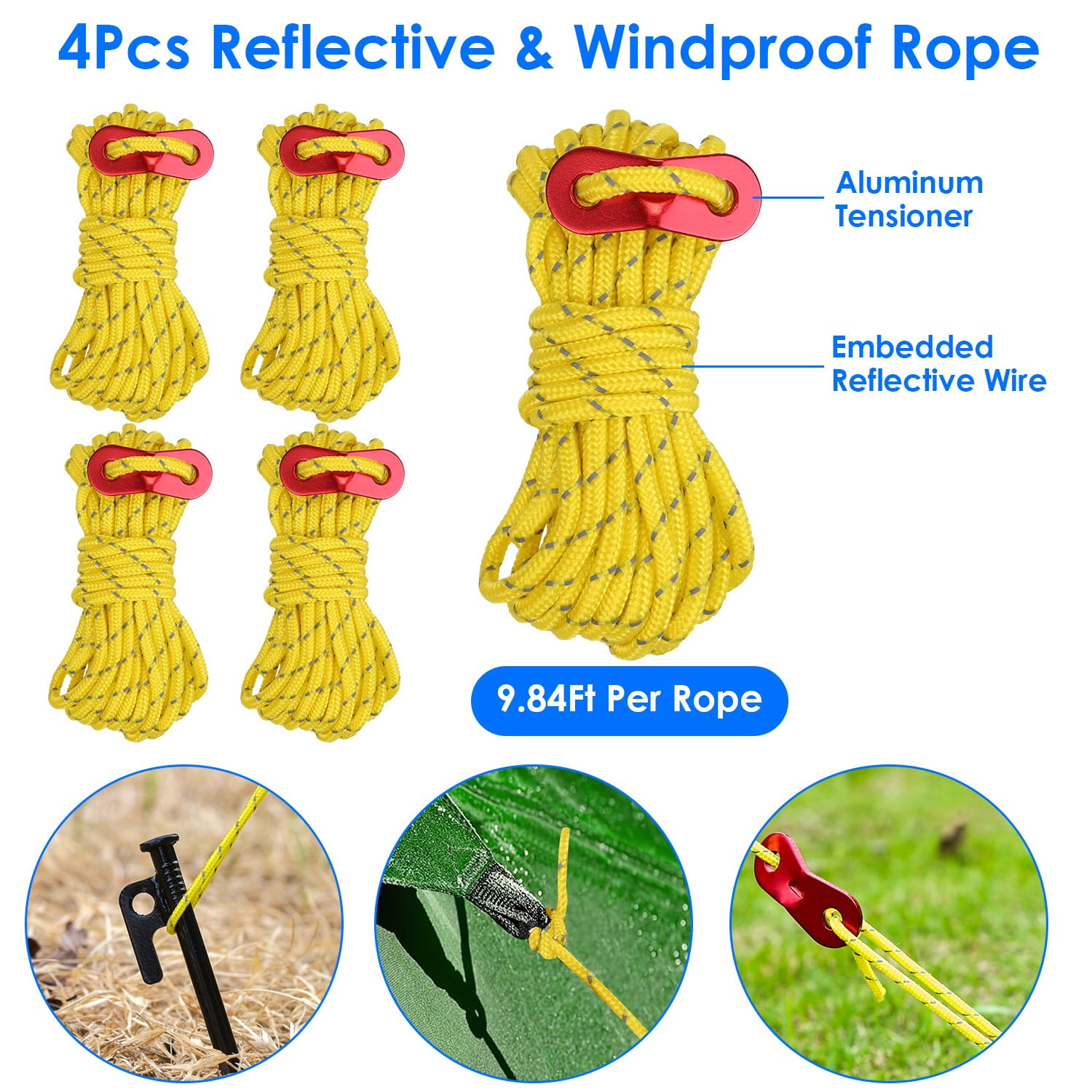 9.8ft Camping Tent Kit Camping Accessories Kit w/ Tent Pegs Reflective Rope for Backpacking