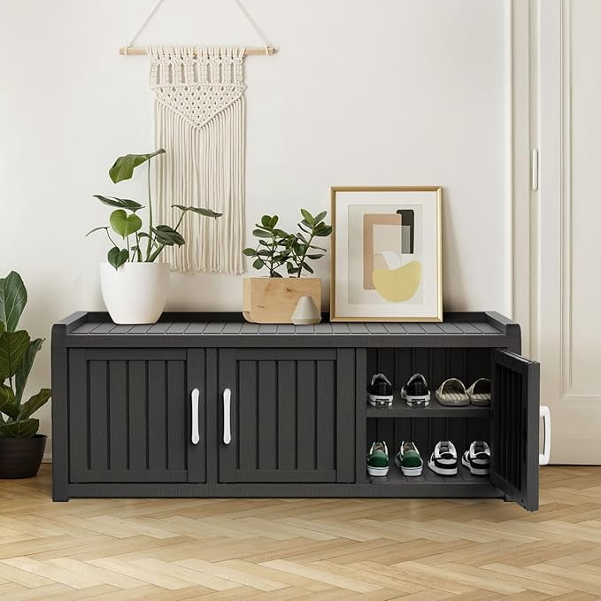 Joxxoaa storage Benches 120 Gallon 3-Door Shoe Cabinet – Resin Shoe Bench with Storage for Entryway & Hallway (Black, Three-Door)