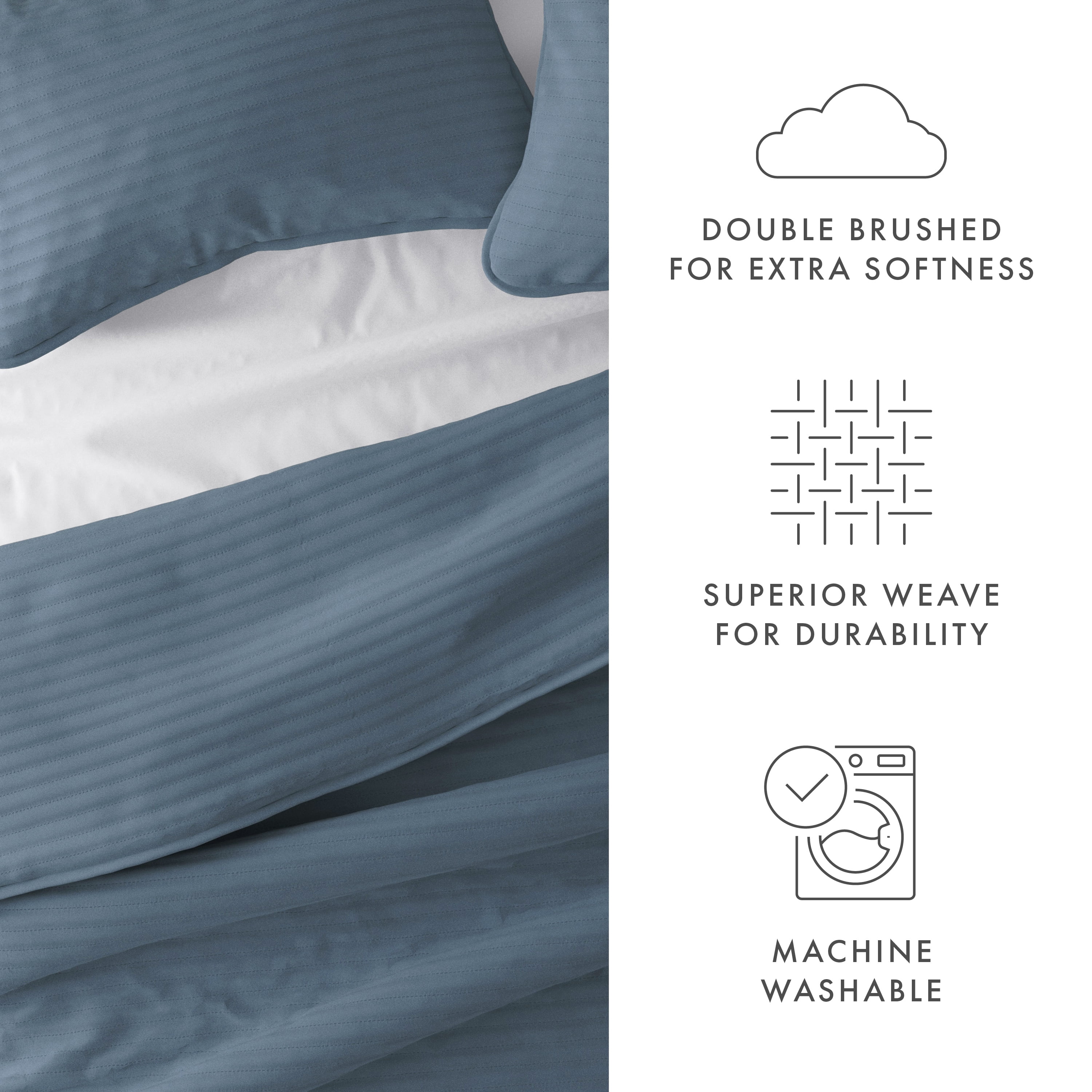 Noble Linens 3 Piece Dusk Blue Stripe Stitch Quilt Set, King / CalKing
