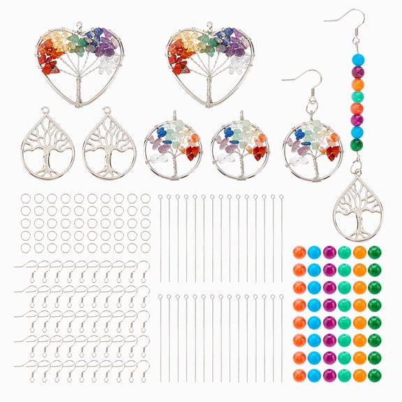 1Box DIY Stone Tree of Life Drop Earring Making Kit Including Pendants Brass Pendants Natural Mashan Jade Beads 304 Stainless Steel Earring Hooks & Eye Pins Iron Jump Rings Mixed Color