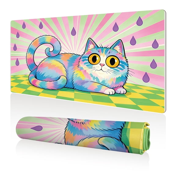LIVEKEY Mouse Pad 80x40cm Extra Large Non Slip Stitched Edges Full Coverage Durable Easy Clean Colorful Cartoon Cat With Radiant Background Art for Gaming Office