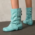 thumbnail image 4 of Pandaie Women's Slouchy Ankle Boots Fold Over Hidden Wedge Western Booties Pull on Wide Calf Buckles Motorcycle Riding Shoes Mint Green 7.5, 4 of 7