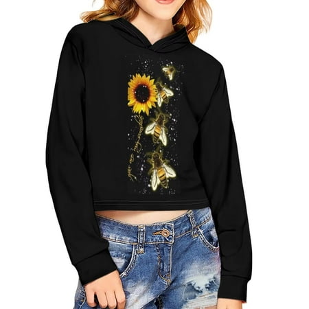 

Renewold Trendy Hoodies for 13-14 Years Teen Girls Sunflower Bees Pateern Long Sleeve Crop Tops Pullover Sweatshirts Thin Airy Comfort Shirt Outgoing School Park Blouse