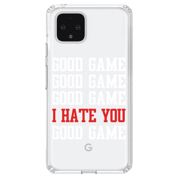 DistinctInk Clear Shockproof Hybrid Case for Google Pixel 4 (6.1" Screen) - TPU Bumper Acrylic Back Tempered Glass Screen Protector - Good Game I Hate You Good Game