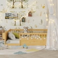 thumbnail image 4 of Montessori Floor Bed with High Rails, LED Lights & Storage Shelf, Safe & Wider Opening Gate Design, Full Size Floor Bed for Boys & Girls, Natural, 4 of 9
