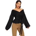 thumbnail image 3 of Blusa cruzada con cuello en V, manga larga y volantes para mujer, 3 of 4