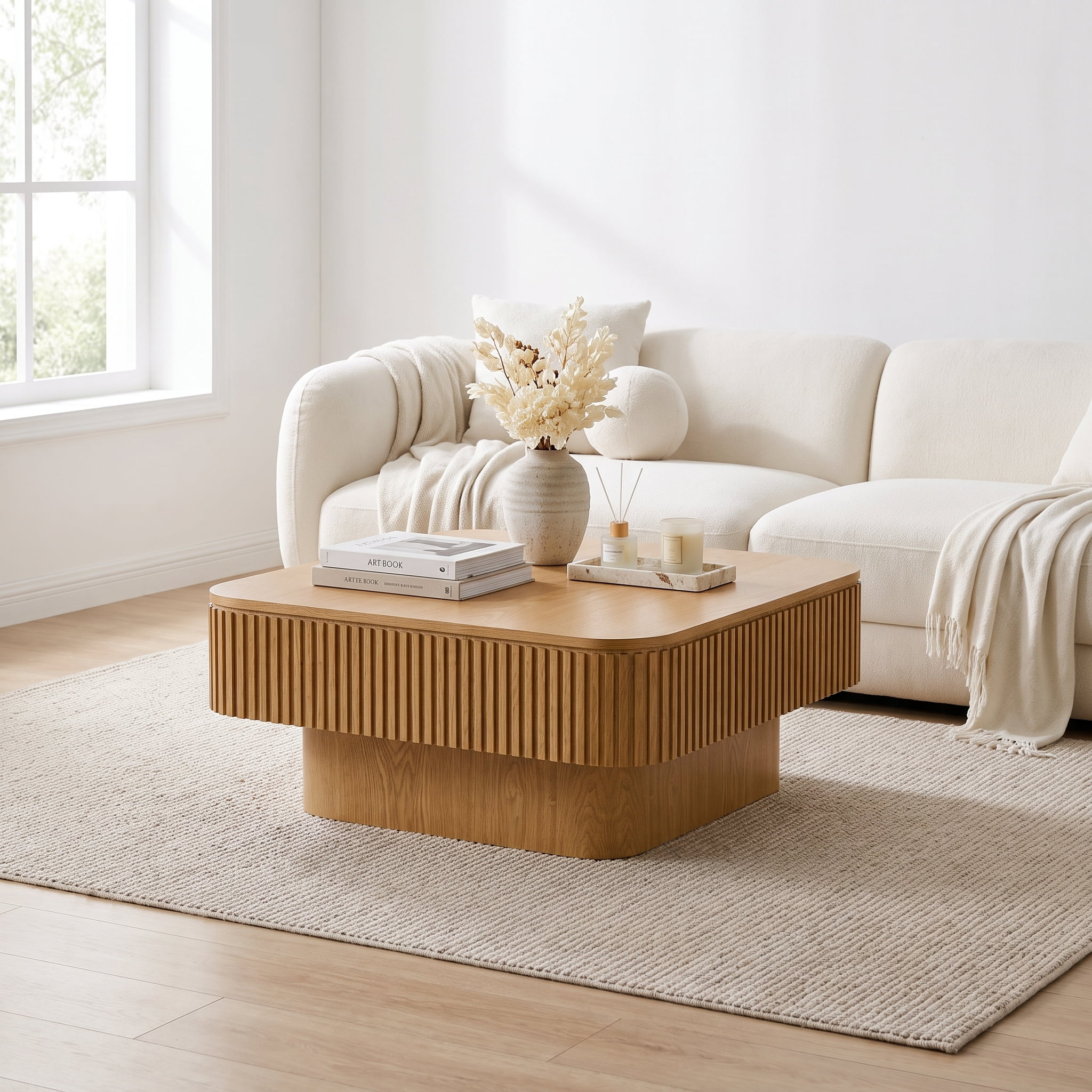 Homy Casa 31.5 in Sliding Top Coffee Table with Hidden Storage, Rounded Square Table, Natural Oak