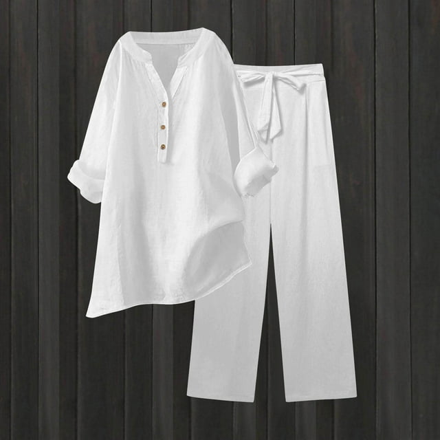 JMKQLZ Women's Fashion Two Piece Solid Color And Linen Loose Casual Suit