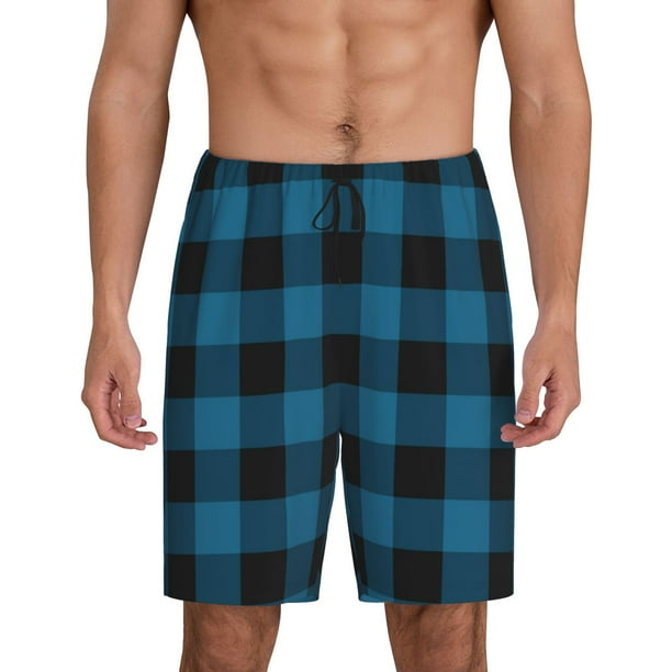 Fotbe Blue Black Plaid Pantalones Cortos de Pijama para Hombre, Ropa de Dormir, Pantalones de Pijama Cortos para Hombre-Small