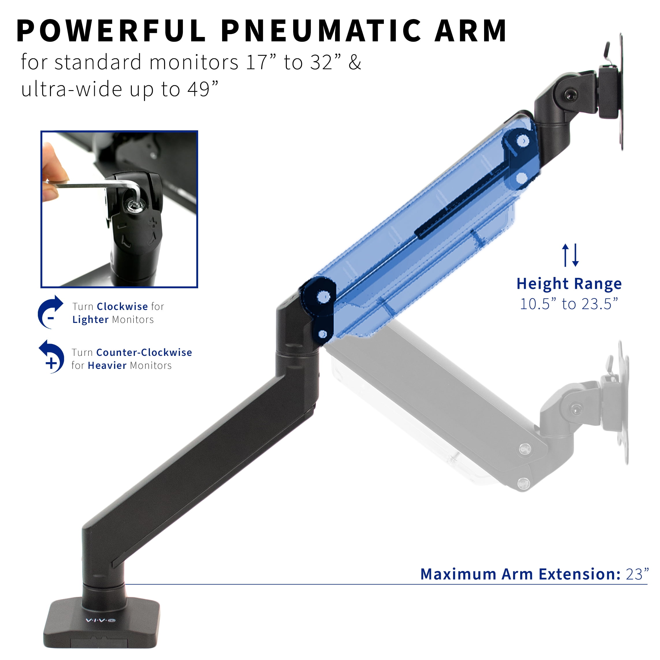 VIVO Premium Aluminum Heavy Duty Monitor Arm for Ultrawide Monitors up to  49 inches and 33 lbs, Single Desk Mount Stand, Pneumatic Height, Max VESA