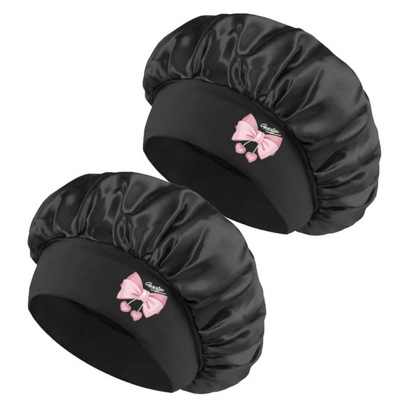Summer Black Hair Bonnet for Women Sleeping Satin Single Layer ,2Pack