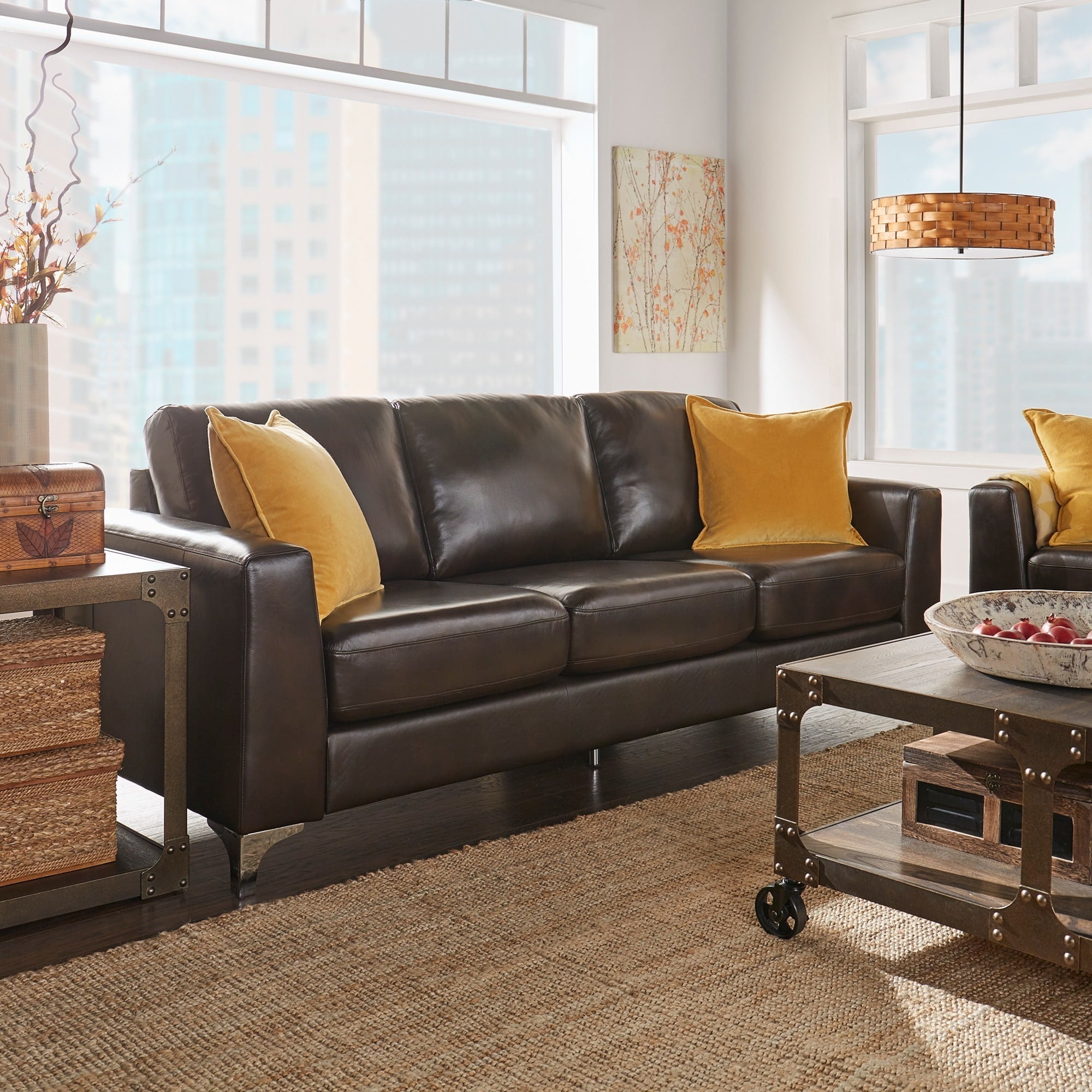 Inspire Q Bastian Aniline Leatr Dark Brown Sofa Modern