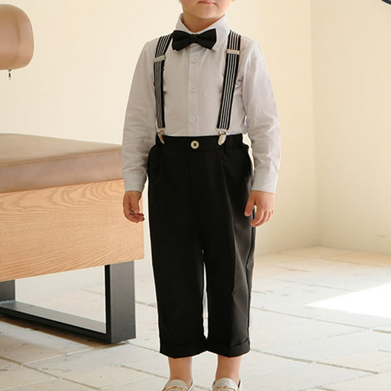 vokkrv Boy's Dress Suit Long Sleeve Bow Tie Shirt Suspenders Pants Outfits Set Black 3-4 Years, Adult Unisex
