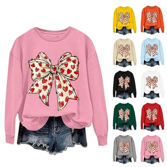 JTZGDY Fashion Crewneck Sweatshirts for Women Valentines Day Cute Heart Bowknot Print Long Sleeve Crew Neck Graphic Pullover T-Shirts Loose Fit Casual Graphic Holiday Tees Tops Orange XS