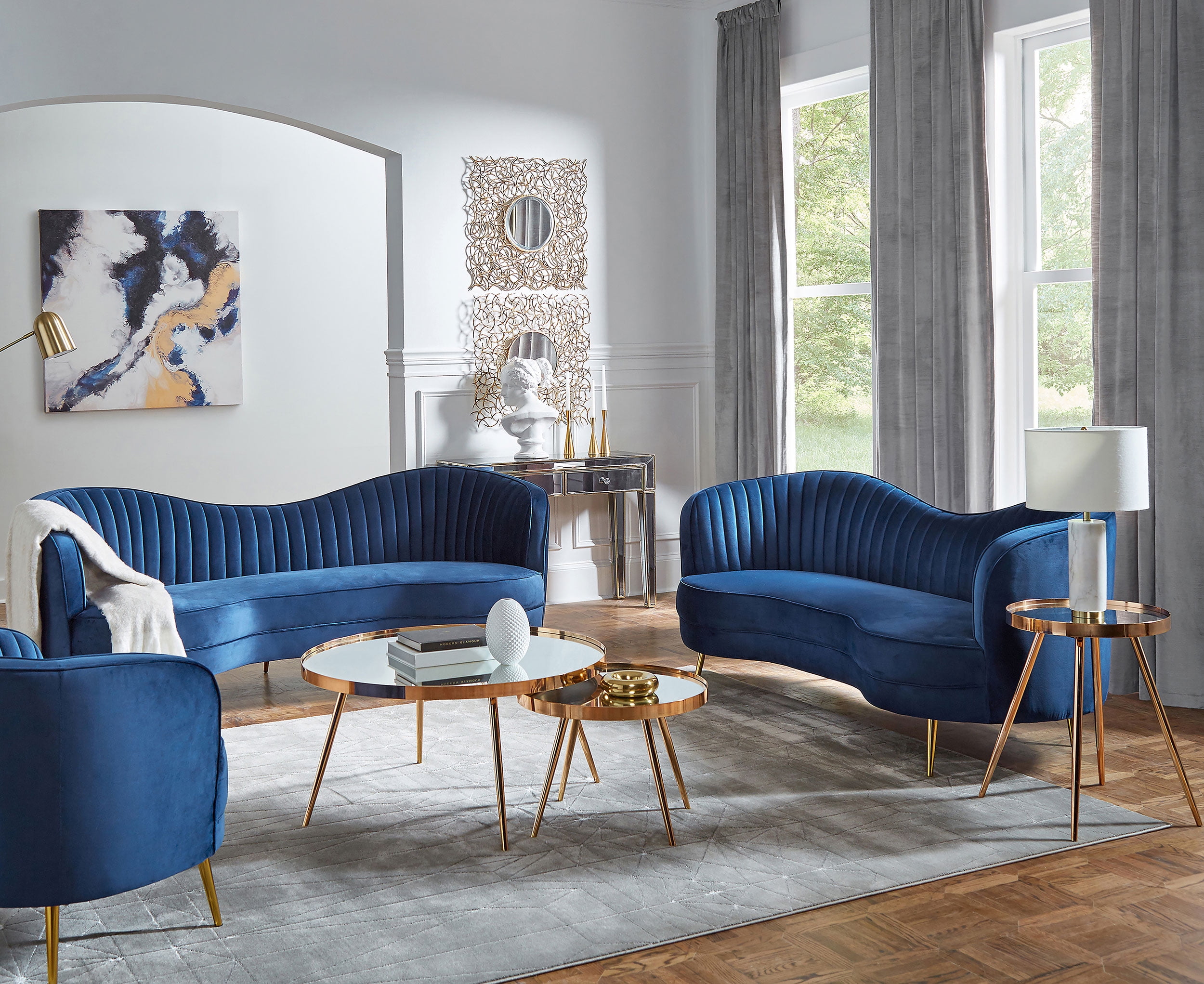Sophia Velvet Tufted Three Piece Living Room Set Blue Camel Back Sofa Walmart
