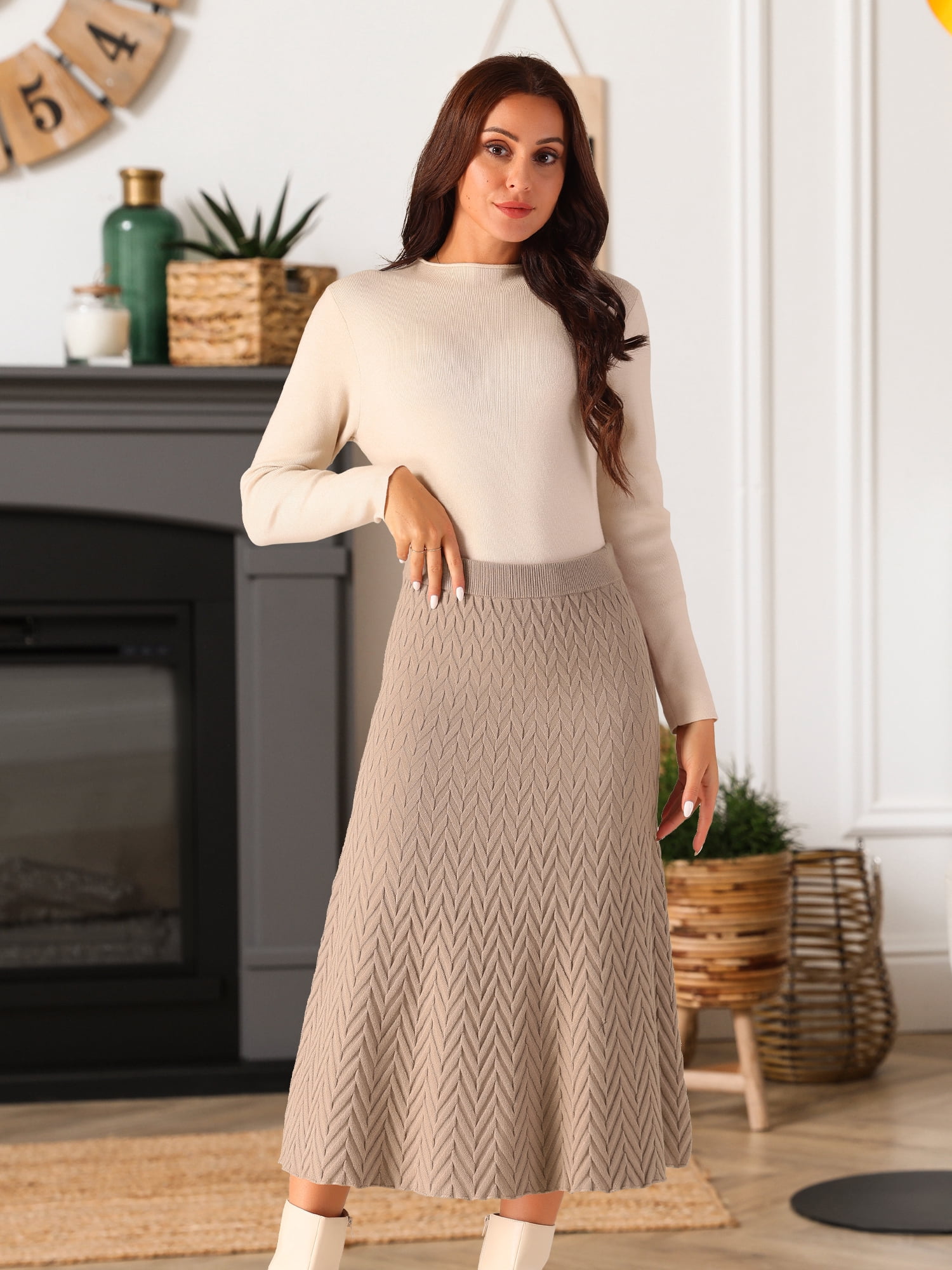DARING DIVA Women's A-Line Skirts Stretchy Sweater Midi Skirt M Brown