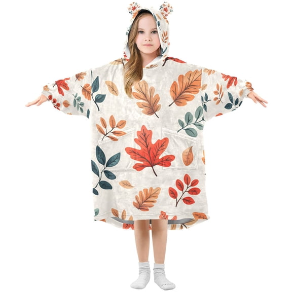 FORMRS Wearable Blanket Hoodie with Sleeves for Kids Cozy Flannel Sweatshirt, Hand Drawn Autumn Leaves