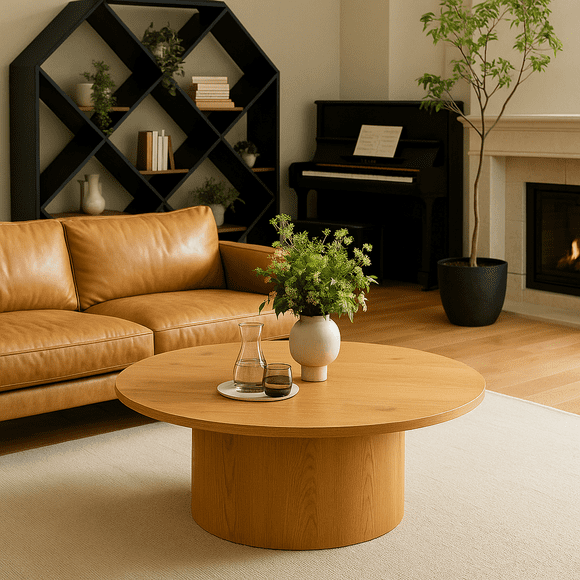 KOSSMAI Modern 39.37” Round Coffee Table with Drum Pedestal Base, Low Profile Center Table for Living Room, Oak