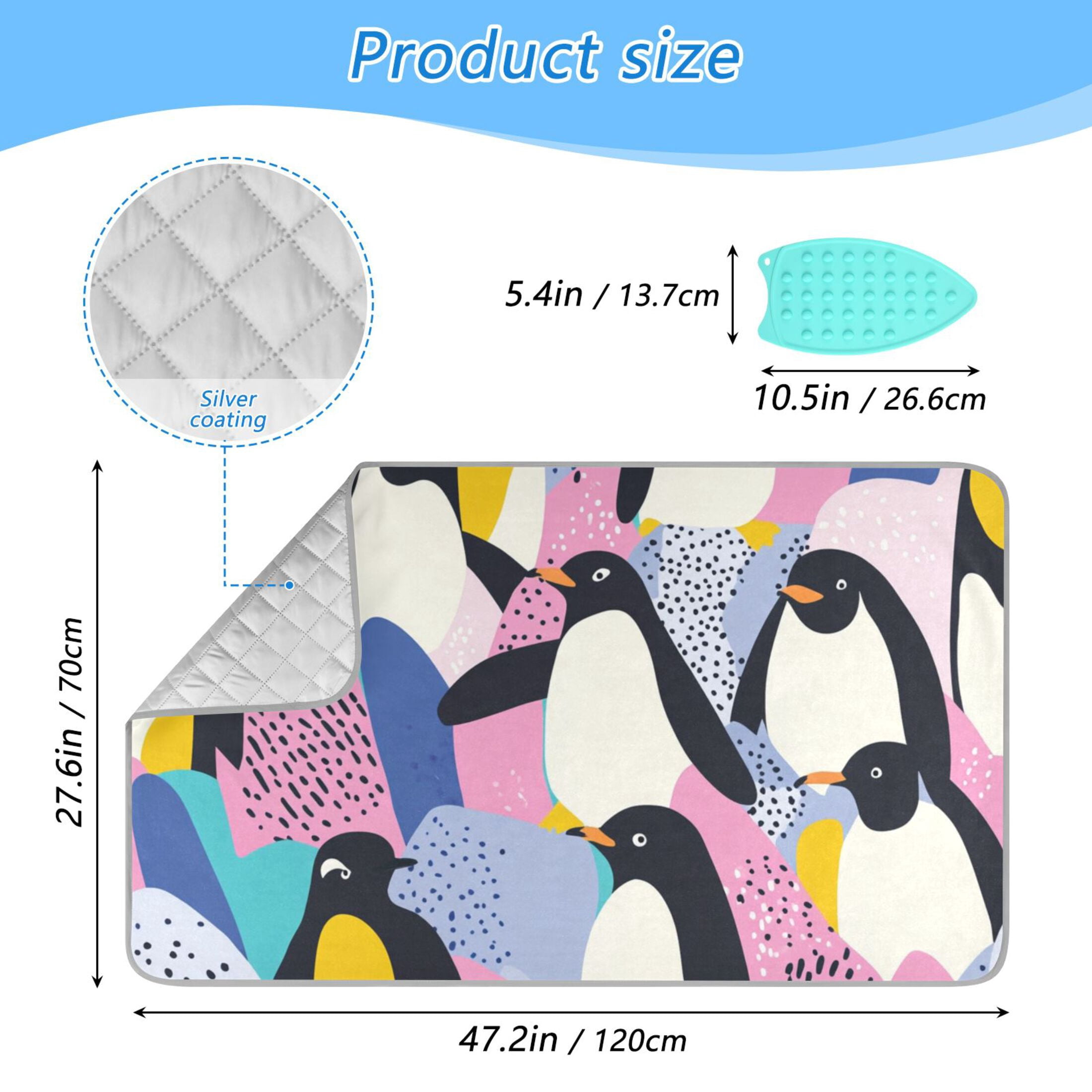 Penguins on Colorful Background Ironing Mat Blanket for Table Top Travel Portable Ironing Board Pad 47.2x27.6 Inch