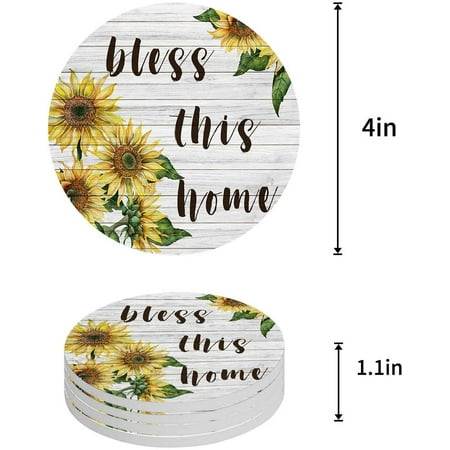 

ZHANZZK Sunflowers Bless This Home Set of 6 Round Coaster for Drinks Absorbent Ceramic Stone Coasters Cup Mat with Cork Base for Home Kitchen Room Coffee Table Bar Decor