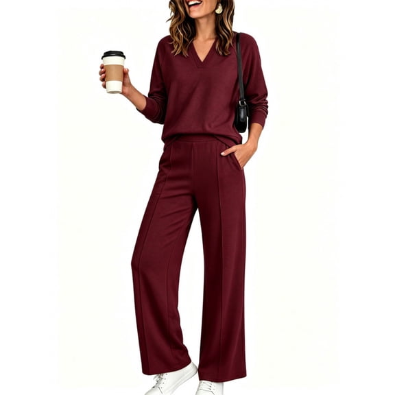 Women'S 2 Piece V Neck Lounge Set Matching Sweatsuits Lounge Sets For Women Airport Travel Outfits Comfy Athleisure Fall Winter Clothes Wide Leg Palazzo Pants