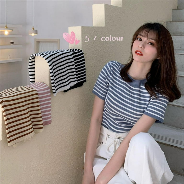 韓国発【JUSTYOUNG】AP Grunge Striped Short Sleeve Tee/2color JANDEL Women's Korean Style Casual O Neck Striped Short