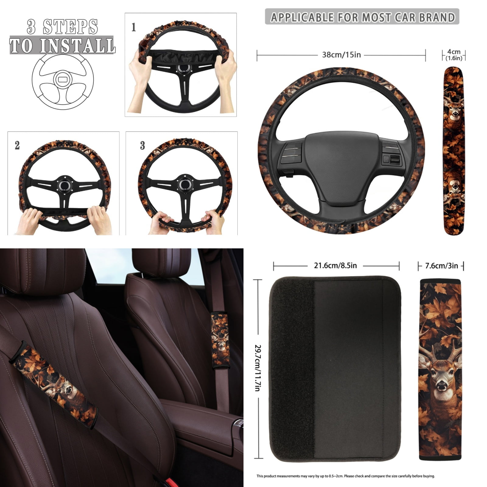 Yuyamidu 12 PCS Deer Car Seat Covers Set Camo Hunting Steering Wheel Cover Seat Belt Covers Coasters Keychain Wristlet Strap Keyring Chapstick Sleeve