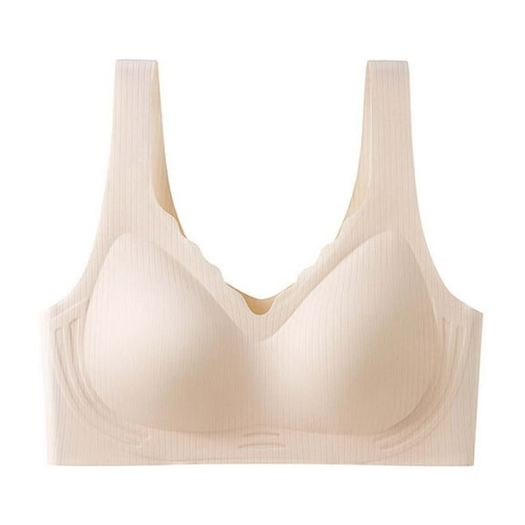 Qulqfy Beige Womens Bras Seamless Full Coverage Push Up Wireless Lightly Lined Wide Straps Bras T Shirt Bra L