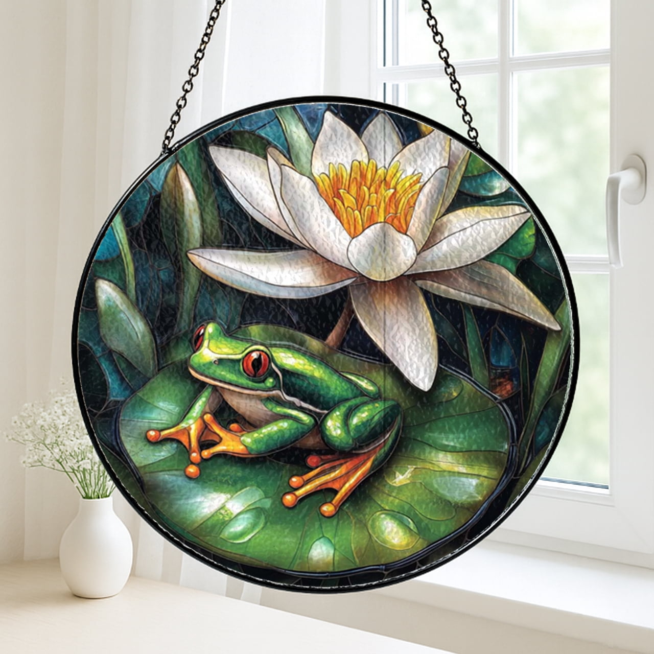Nature Frog Lily Pad Stained Glass Suncatcher Panel, Decorative