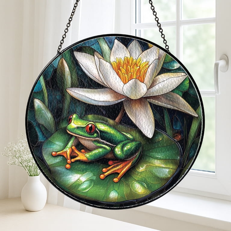 Nature Frog Lily Pad Stained Glass Suncatcher Panel, Decorative