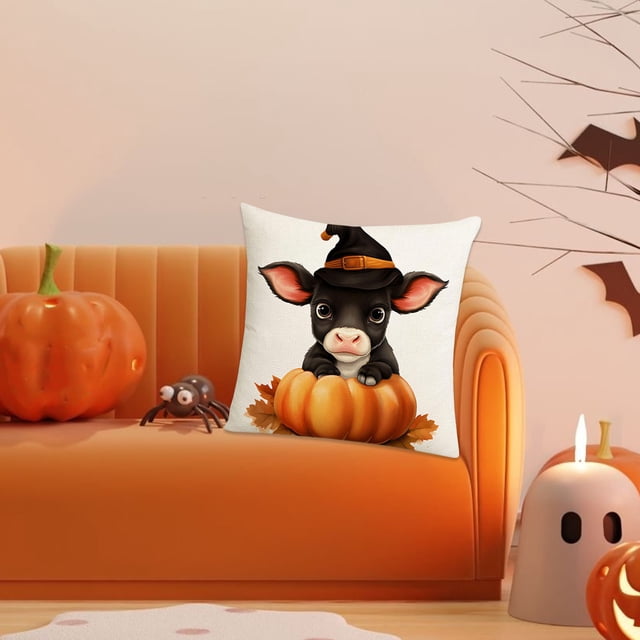 Almohada decorativa, fundas de almohada de seda, fundas de almohada, fundas de almohada de otoño, estampado de calabaza y vaca bebé de Halloween, decoración de sala de estar, estilo de cola, almohadas