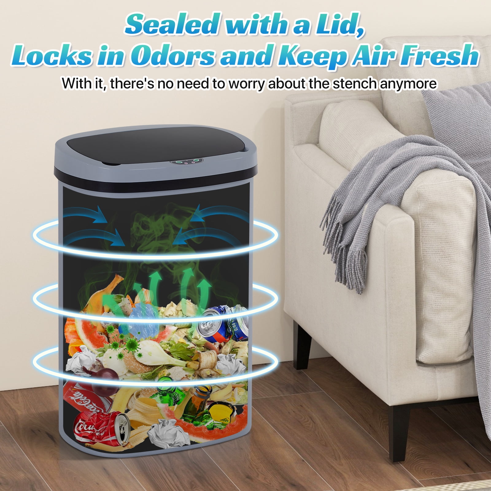 13 Gallon Plastic Garbage Can Kitchen Trash Can Automatic Touch Free Trash can with Lid 50 Liter Waste Bin Mute Anti-Fingerprint for Bedroom Home Office Living Room, Gray