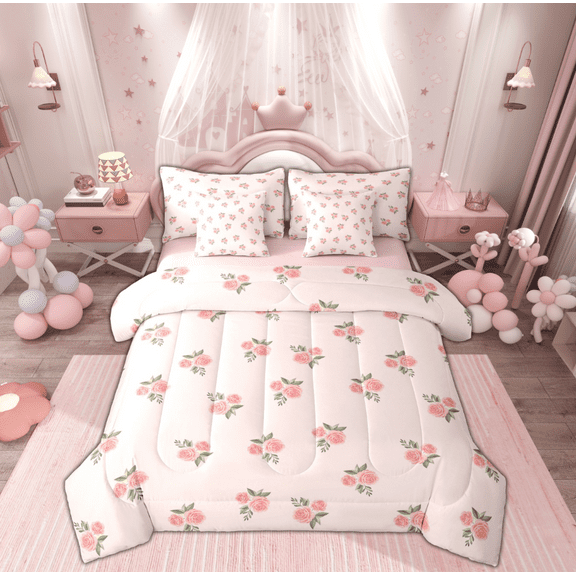 Feelyou Cartoon Romantic Rose Twin Bedding Sets 7-Piece, Pink Flower Floral Bedding Comforter Set, Happy Valentines Day Reversible Sheet Sets, Ultra Soft Home Decor