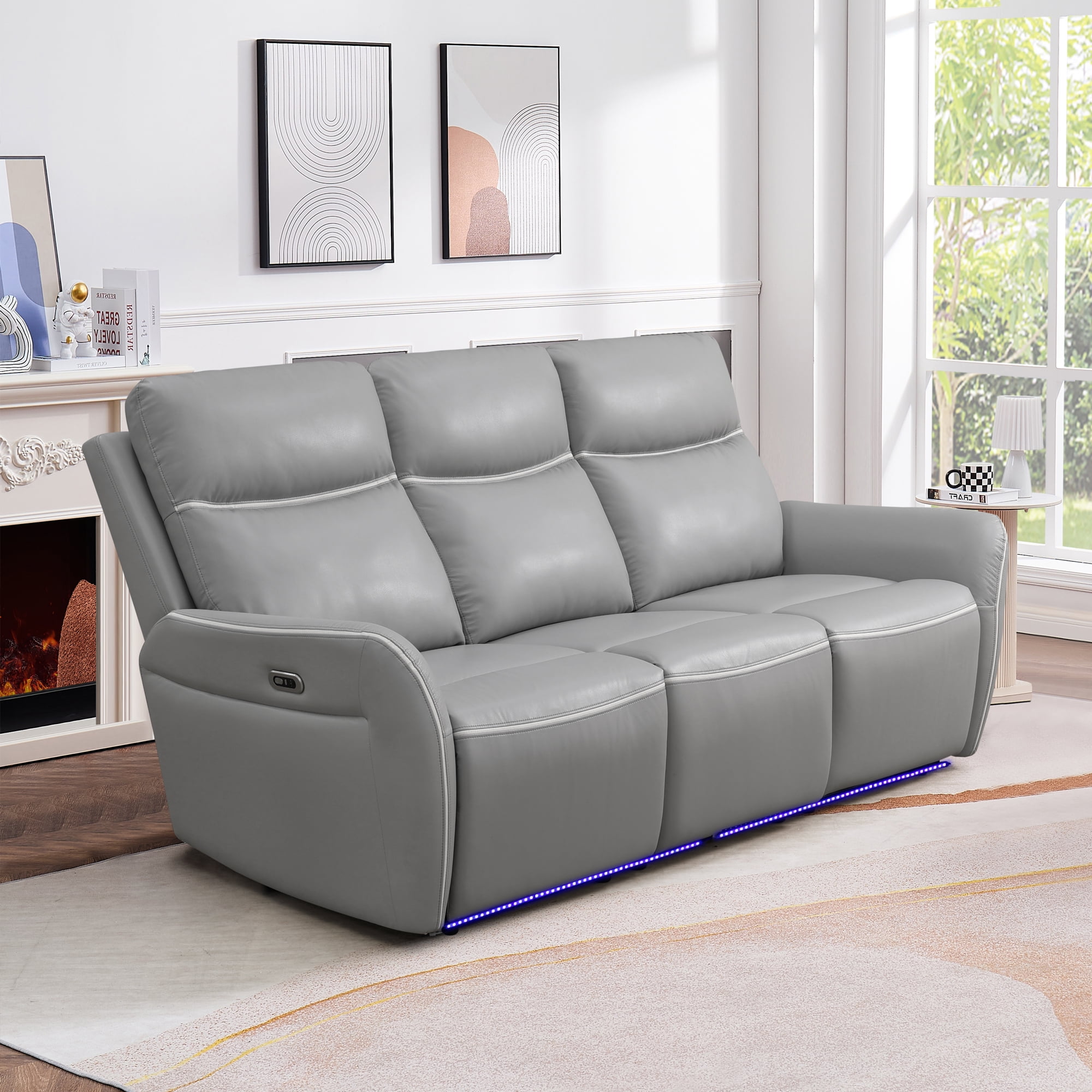 Gewnee Power Reclining Multifunctional Sofa with USB & Wireless Charging, Air Leather, Storage Console, Living Room,Silver Gray