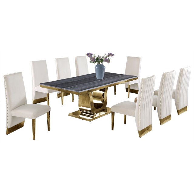 Gray Marble Dining Set with Gold Stainless Steel and Cream Velvet Chairs