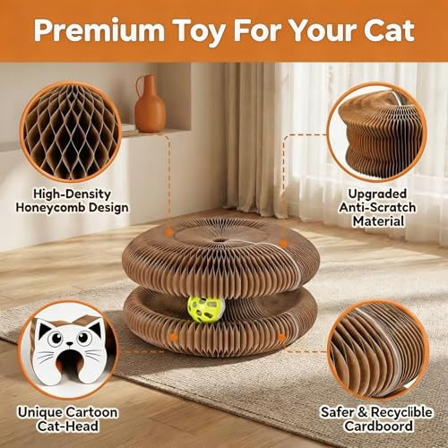 Twisty Paws Cat Toy - Magic Organ Kitty Curl Scratcher with Bell-Ball, Magnetic & Foldable Cardboard Shape Shifting, Interactive Accordion Kurlz Board for Indoor Cats