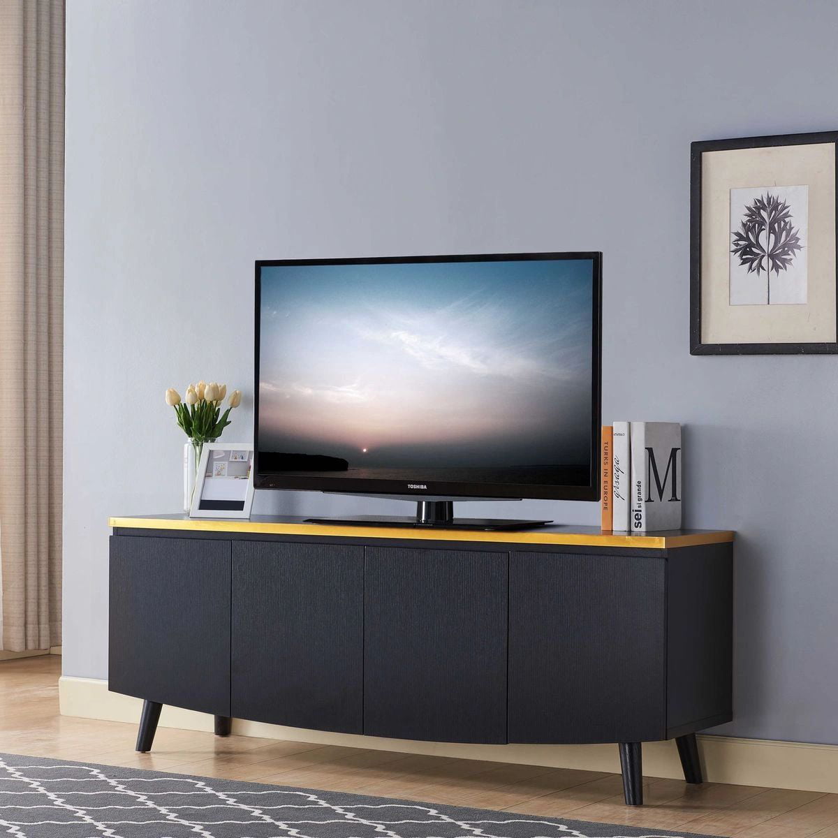 FC Design 60"W Modern TV Stand with Two Cabinets in Black ...