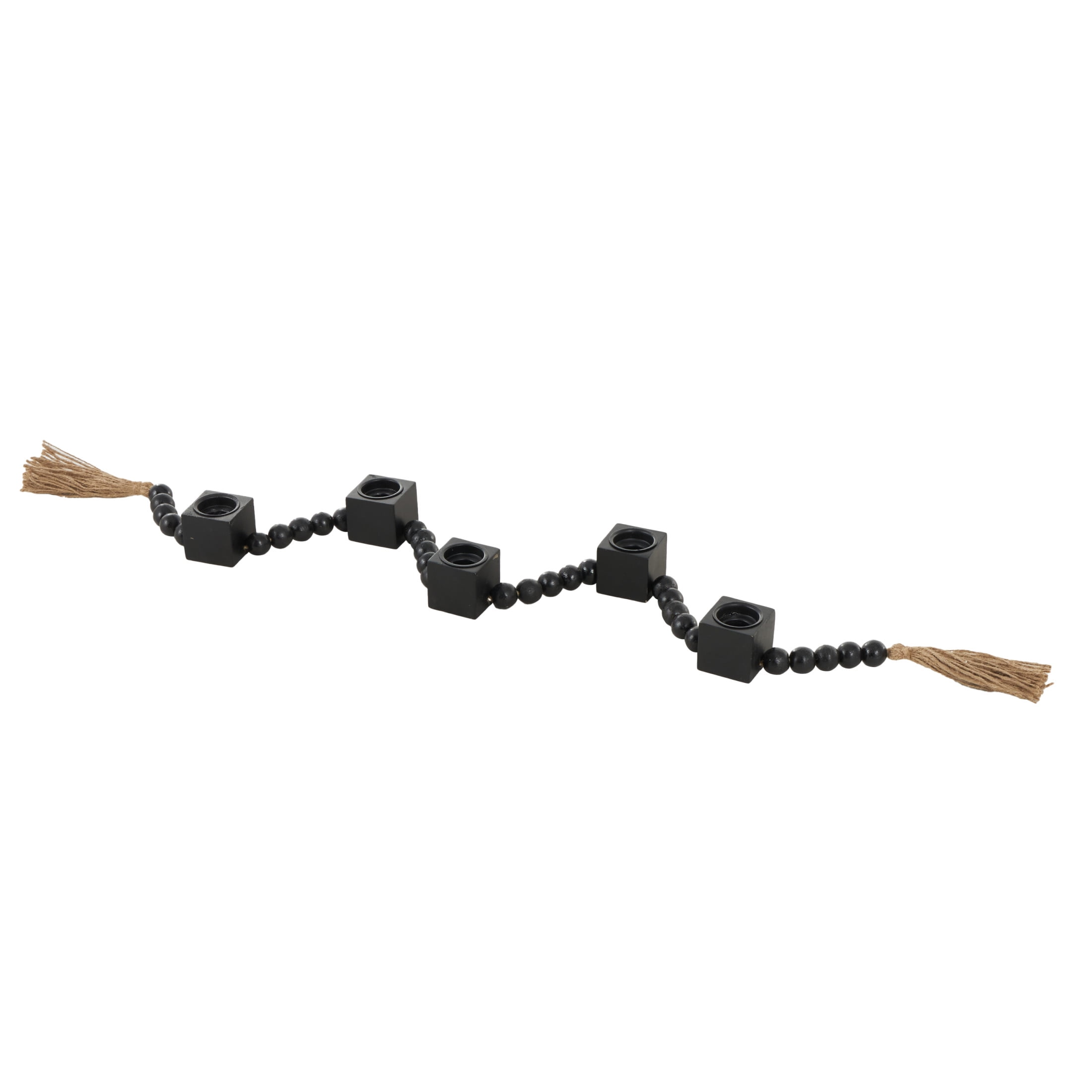 DecMode 5 Candle Black Wood Square Garland Candle Holder with Brown Tassel
