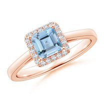 ANGARA Natural Classic Square Aquamarine Halo Ring in 14K Rose Gold for Women (Size-5mm) | March Birthstone, Birthday, Anniversary, Jewelry Gift for Women | Natural Aquamarine Ring