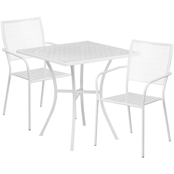 Flash Furniture Commercial Grade 28" Square White Indoor-Outdoor Steel Patio Table Set with 2 Square Back Chairs