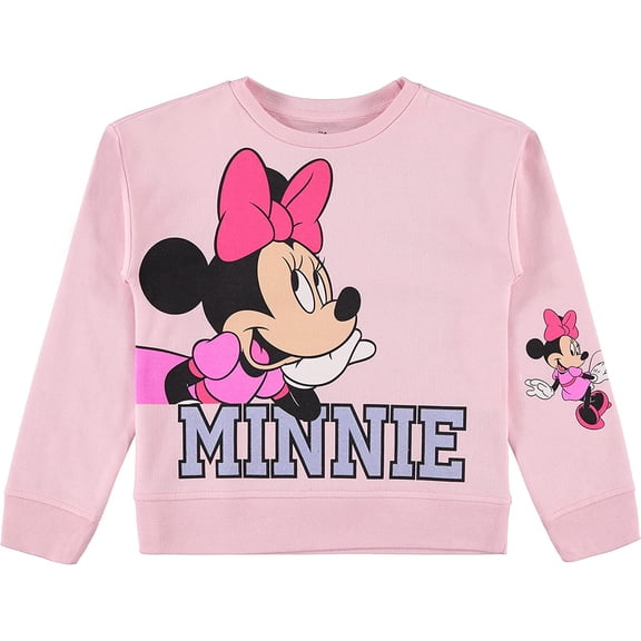 Disney Girls Minnie Mouse Fashion Sweatshirt - Girls Minnie and Mickey Mouse Crewneck Sweatshirt with Sleeve Print Light Pink, X-Large
